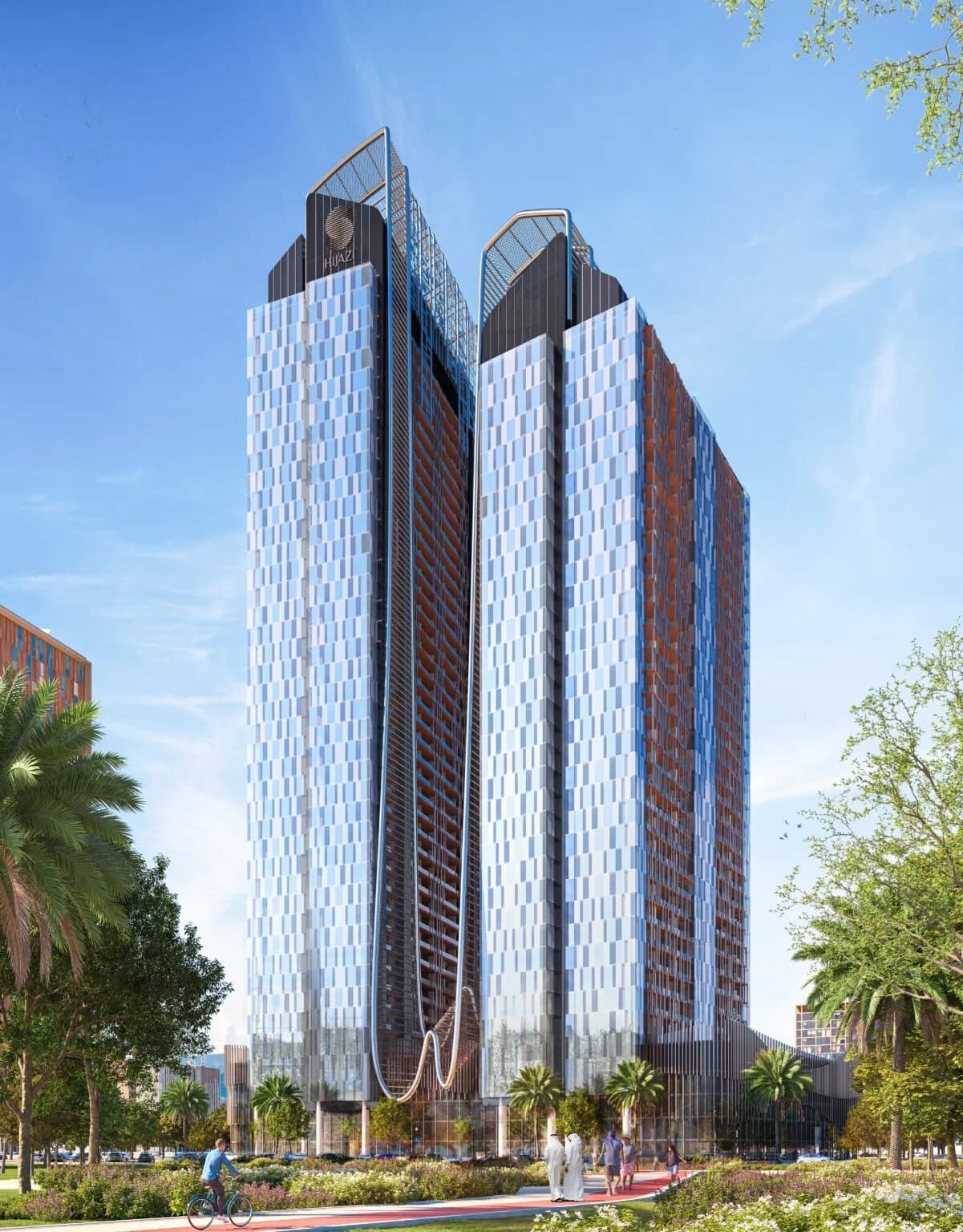 سكاي هيلز ريزيدنس: برجان زجاجيان توأمان بتاج داكن حادّ الزوايا، في وضح النهار.